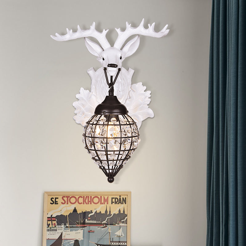 Deer Head Wall Lamp: Countryside Resin Sconce With Lantern Crystal Shade In White/Brown White / C