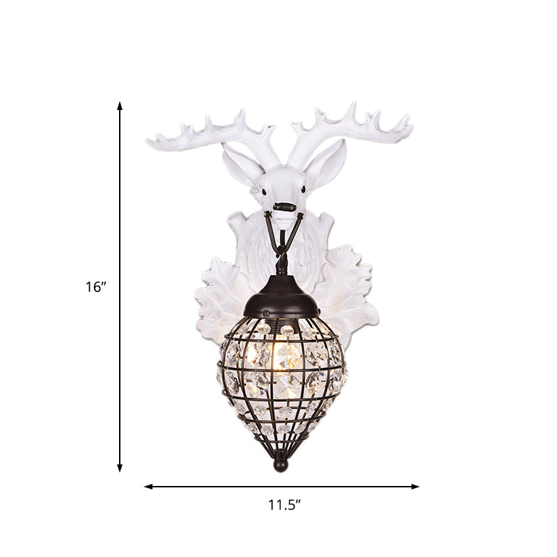 Deer Head Wall Lamp: Countryside Resin Sconce With Lantern Crystal Shade In White/Brown