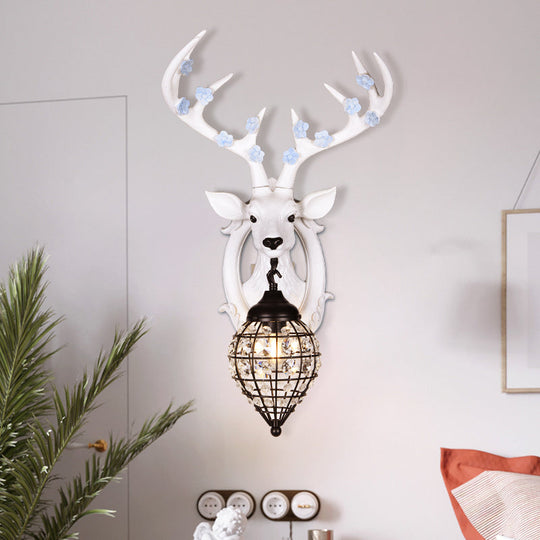 Deer Head Wall Lamp: Countryside Resin Sconce With Lantern Crystal Shade In White/Brown White / B