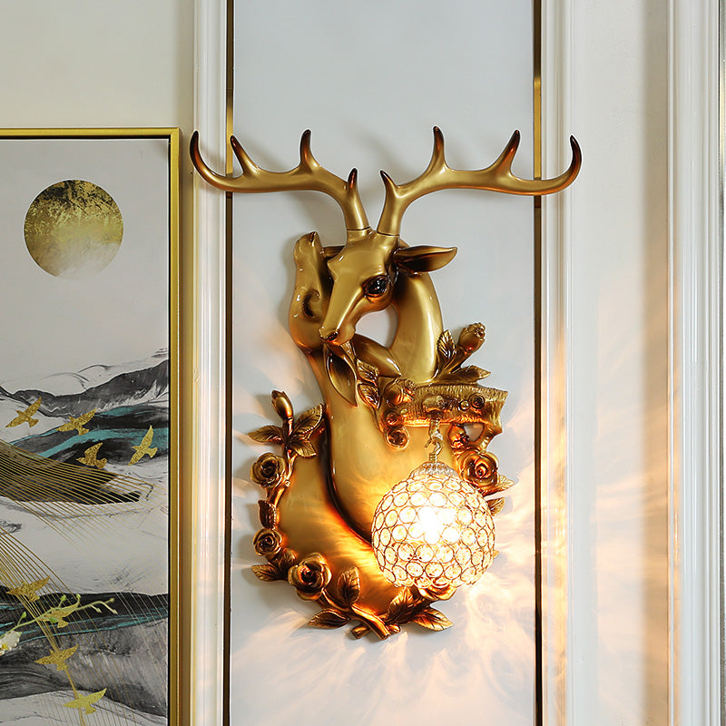 Loft Style Wall Mounted Sconce With Clear Crystal Shade Blue/Gold Finish And Deer Head Accent Gold