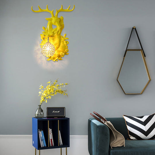 Loft Style Wall Mounted Sconce With Clear Crystal Shade Blue/Gold Finish And Deer Head Accent