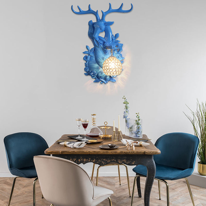 Loft Style Wall Mounted Sconce With Clear Crystal Shade Blue/Gold Finish And Deer Head Accent
