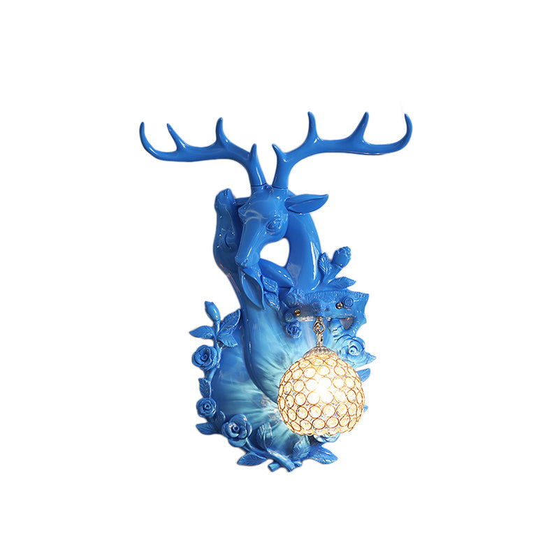 Loft Style Wall Mounted Sconce With Clear Crystal Shade Blue/Gold Finish And Deer Head Accent