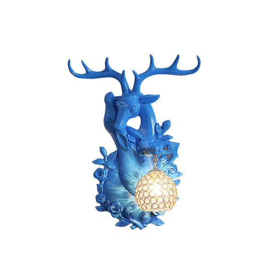 Loft Style Wall Mounted Sconce With Clear Crystal Shade Blue/Gold Finish And Deer Head Accent