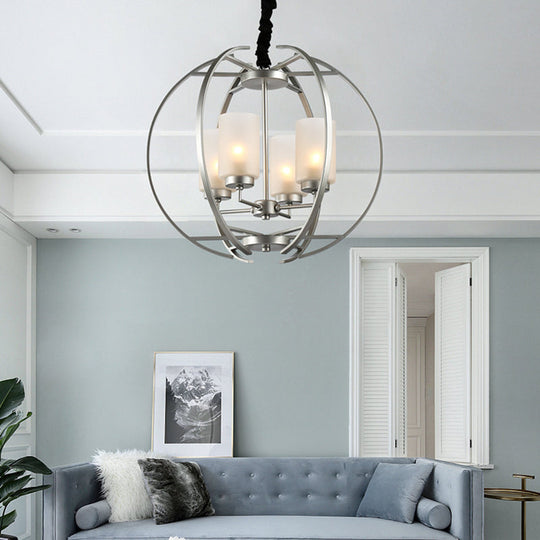 Frosted Glass Cylinder Pendant Light - Contemporary 4-Head White Chandelier With Sphere Frame