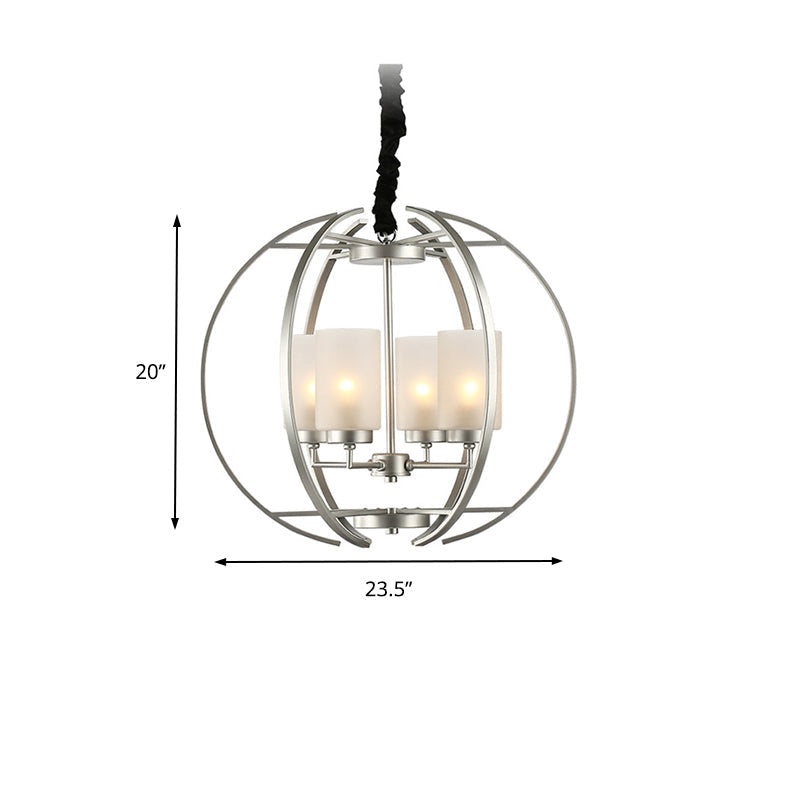 Frosted Glass Cylinder Pendant Light - Contemporary 4-Head White Chandelier With Sphere Frame