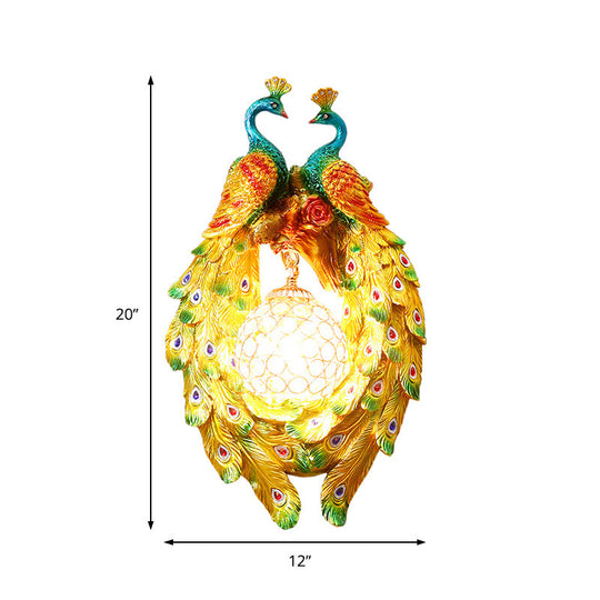 Country Style Peacock Wall Sconce With Crystal Shade For Bedroom - Yellow Resin 1-Light Lamp