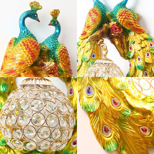 Country Style Peacock Wall Sconce With Crystal Shade For Bedroom - Yellow Resin 1-Light Lamp