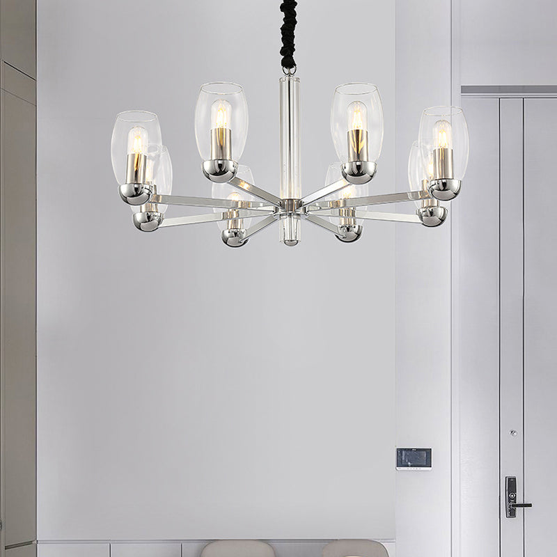 Modern 6-Head Clear Glass Candle Chandelier: Chrome Ceiling Pendant Fixture With Adjustable Chain