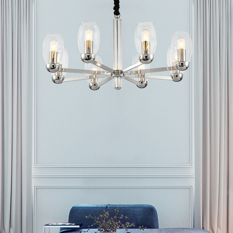 Modern 6-Head Clear Glass Candle Chandelier: Chrome Ceiling Pendant Fixture With Adjustable Chain