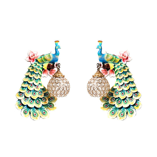 Blue/White Peacock Wall Mounted Light - 1 Loft Style Resin Lamp With Dome Crystal Shade