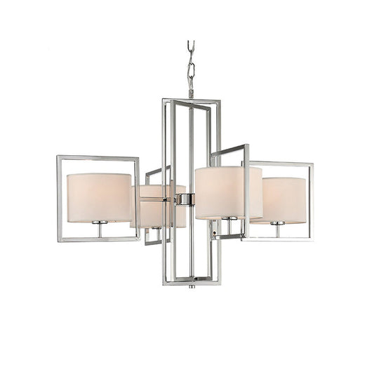 Modern Chrome Chandelier With Barrel Fabric Shade - 4-Light Pendant For Living Room