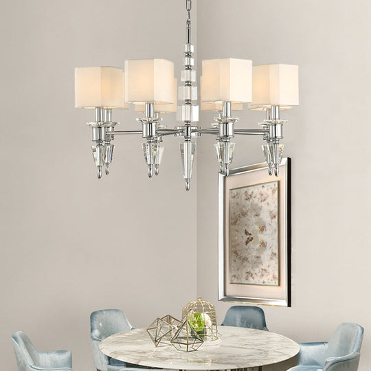 Modern Iron Cube Ceiling Pendant With 6 Lights & Fabric Shade - Chrome Hanging Chandelier Fixture