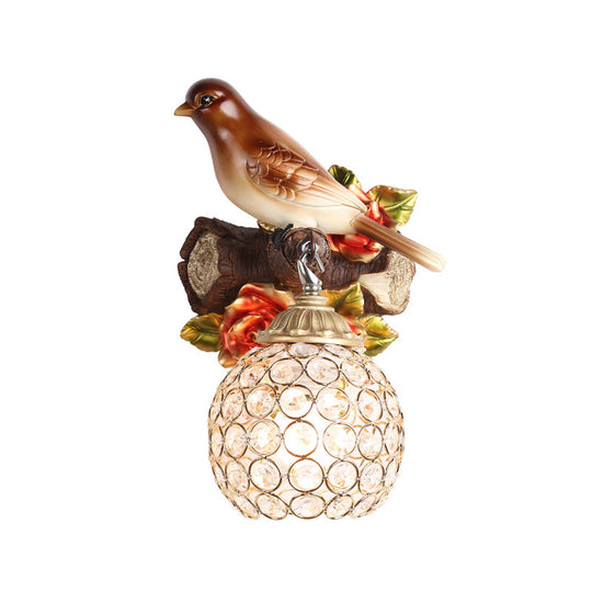 Lodge Style Resin Bird Wall Sconce Light With Crystal Global Shade