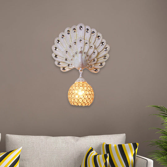 Retro Stylish Wall Sconce With Clear Crystal And Peacock Backplate In Silver/White White