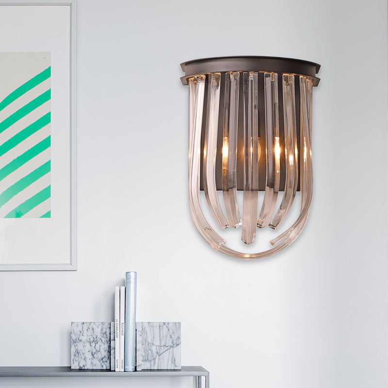 Modern Black Glass And Metal Wall Light Semi Oval Mount For Bedroom