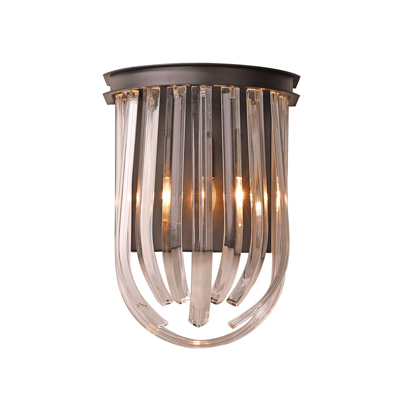 Modern Black Glass And Metal Wall Light Semi Oval Mount For Bedroom