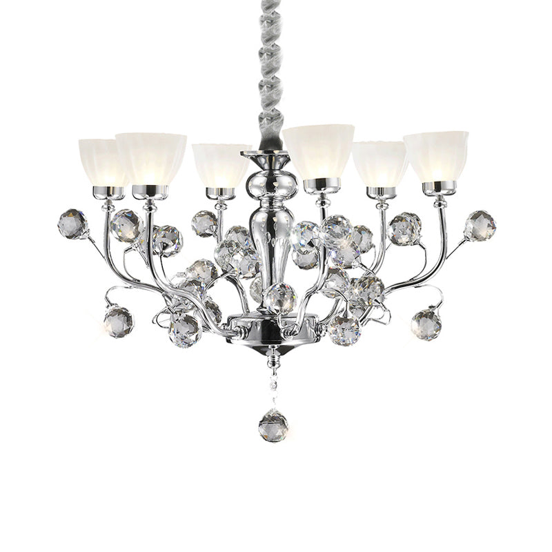 Modernist Frosted Glass 6-Light Conic Chandelier With Crystal Ball Pendant In Polished Chrome
