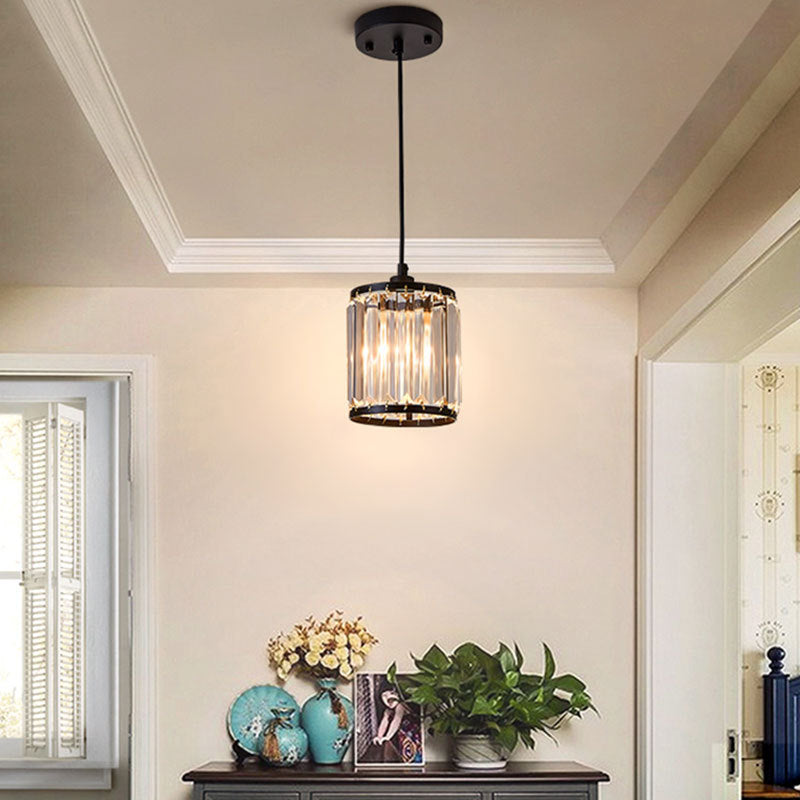 Modern Black Cylinder Pendant Lamp With K9 Crystal For Dining Room
