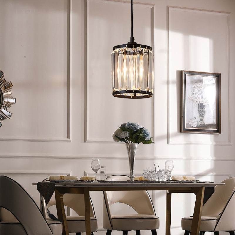 Cylinder Pendant Lamp - Modern Black Hanging Ceiling Light With Crystal Accent