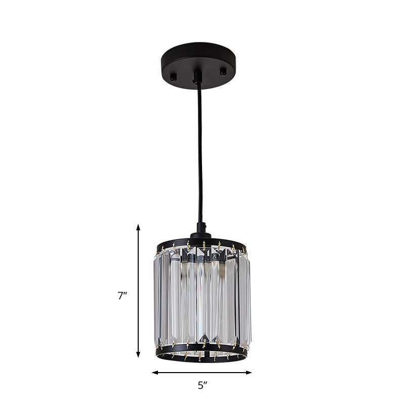 Cylinder Pendant Lamp - Modern Black Hanging Ceiling Light With Crystal Accent