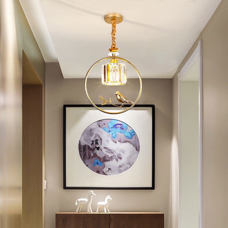 Vintage Style Clear Crystal Drum Ceiling Light With Bird Accent In Black/Gold Gold