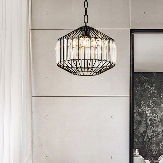 Wire Geometric Suspension Light With Crystal Block Accent - Modern Black Ceiling Pendant