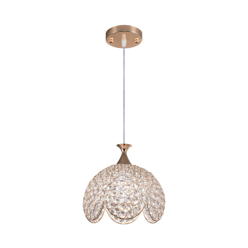 Contemporary Gold Ruffled Edge Crystal Pendant Lamp - 1 Light Dome Suspension Clear Various Sizes