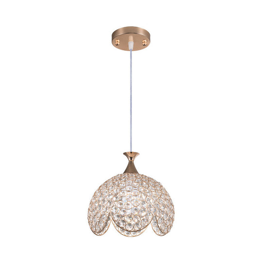 Contemporary Gold Ruffled Edge Crystal Pendant Lamp - 1 Light Dome Suspension Clear Various Sizes