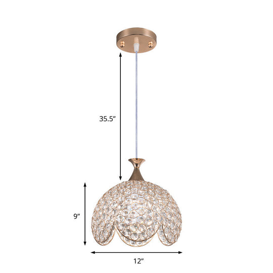 Contemporary Gold Ruffled Edge Crystal Pendant Lamp - 1 Light Dome Suspension Clear Various Sizes