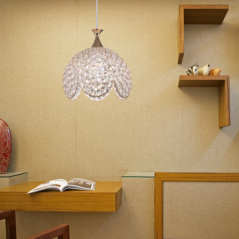 Contemporary Clear Crystal Pendant Light With Gold Ruffled Edge - 1 Dome Suspension Lamp (8/10/12 W)