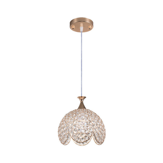 Contemporary Gold Ruffled Edge Crystal Pendant Lamp - 1 Light Dome Suspension Clear Various Sizes