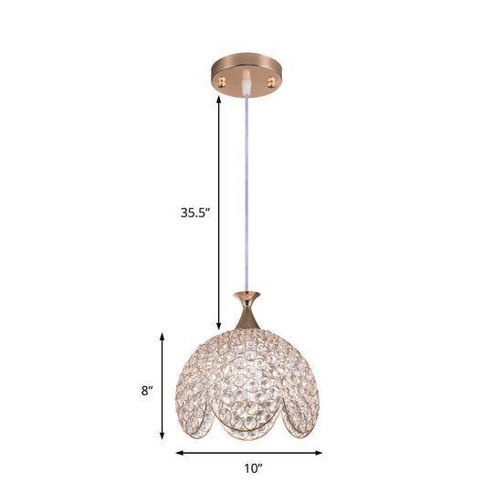 Contemporary Gold Ruffled Edge Crystal Pendant Lamp - 1 Light Dome Suspension Clear Various Sizes