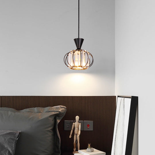 Crystal Prism Pendant Light With Modern Lantern Shade In Black/Gold For Bedroom