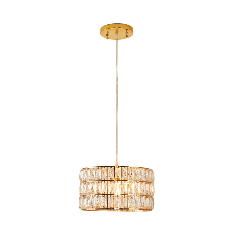 Golden Drum Crystal Hanging Lamp - Modern 1-Light Fixture For Dining Table