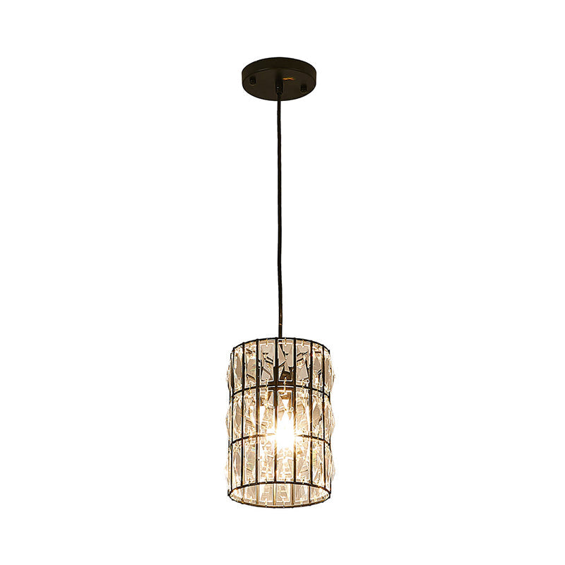 Modern Black Crystal Pendant Lamp With Clear Cylindrical Suspended Light For Living Room