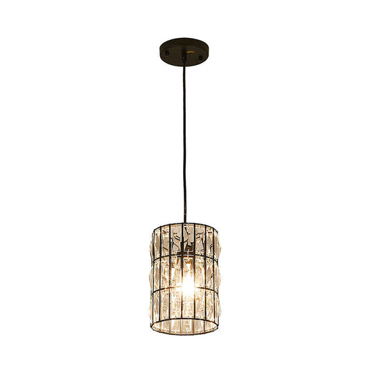 Clear Crystal 1-Light Modern Black Pendant Lamp - Stylish Cylindrical Suspended Light For Living