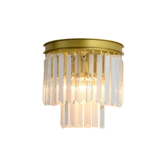 Modernist Style Gold Wall Lamp With Clear Faceted Crystal And 2 Bulbs - Elegant Light Fixture