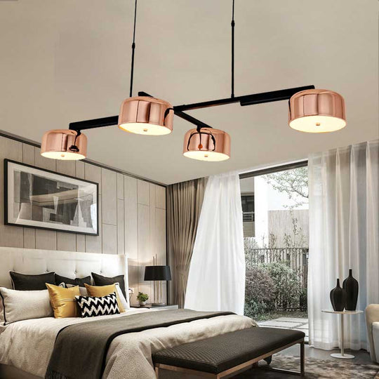 Linear Modernist Island Pendant Light With 4 Drum Shades In Black/Rose Gold Rose