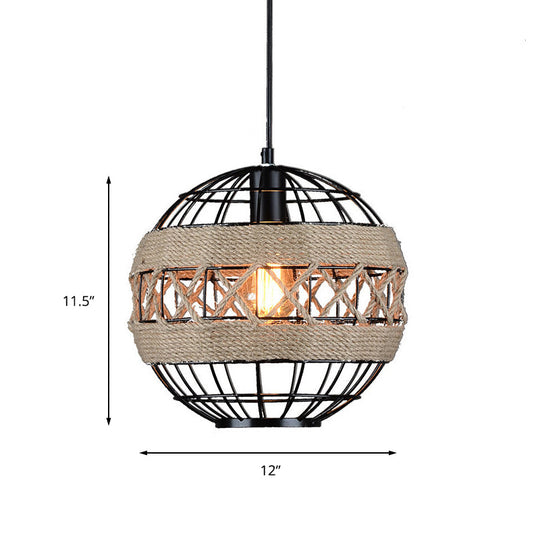 Sleek Sphere Pendant Light With Metal Frame And Rope Detail - Rustic 1-Light Black