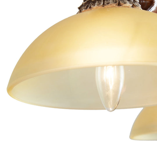 Rustic Glass Hanging Lamp With Wood And Rope Accents - Bowl Shade Pendant (Amber 2 Bulbs)