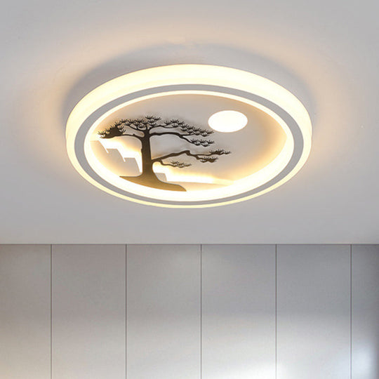 Modern Acrylic Led Ceiling Fixture: Square/Round Flush Mount With White Finish And Bird/Tree Pattern