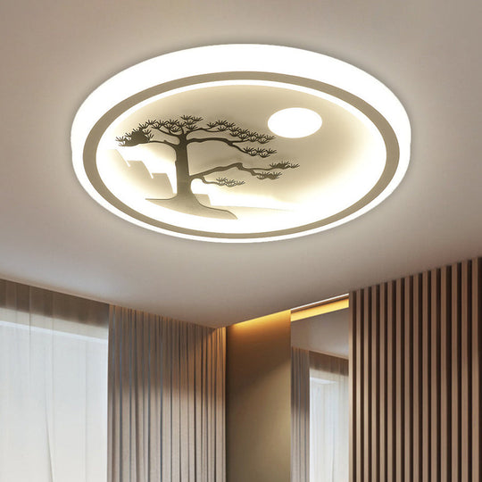 Modern Acrylic Led Ceiling Fixture: Square/Round Flush Mount With White Finish And Bird/Tree Pattern