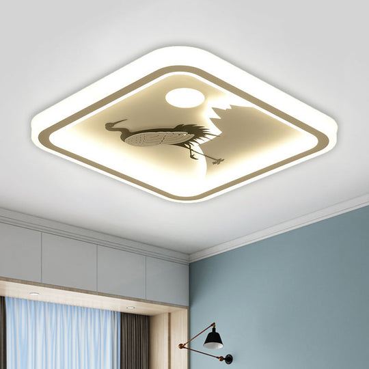 Modern Acrylic Led Ceiling Fixture: Square/Round Flush Mount With White Finish And Bird/Tree Pattern
