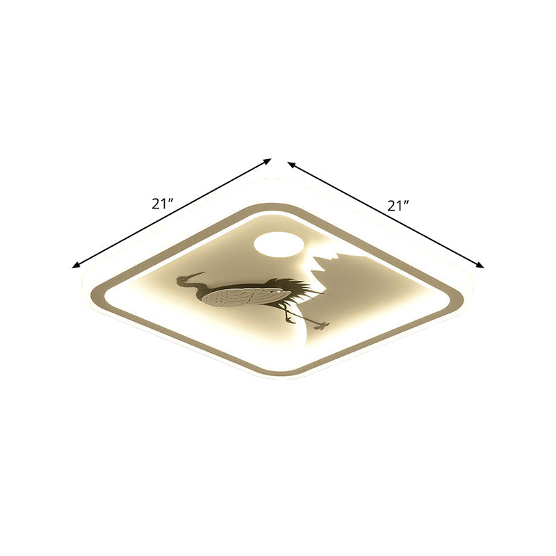 Modern Acrylic Led Ceiling Fixture: Square/Round Flush Mount With White Finish And Bird/Tree Pattern