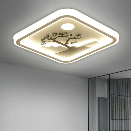 Modern Acrylic Led Ceiling Fixture: Square/Round Flush Mount With White Finish And Bird/Tree Pattern