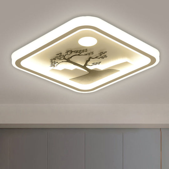 Modern Acrylic Led Ceiling Fixture: Square/Round Flush Mount With White Finish And Bird/Tree Pattern