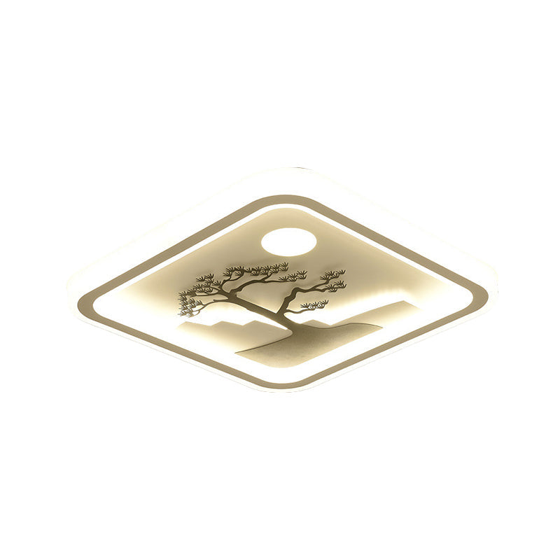 Modern Acrylic Led Ceiling Fixture: Square/Round Flush Mount With White Finish And Bird/Tree Pattern