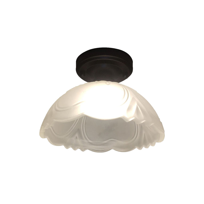 Country Style Ribbed Clear Glass Flower Flush Mount Light Fixture With Black Single Bulb Ceiling