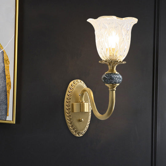 Classic Brass Floral Wall Sconce With Clear Ribbed Glass And Swooping Arm - 1/2-Head Mount Lamp